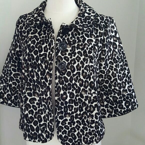 FOREVER 21 3/4 Sleeve Swing Jacket Blazer Neutral Jacquard Spotted Animal Print - Picture 6 of 12